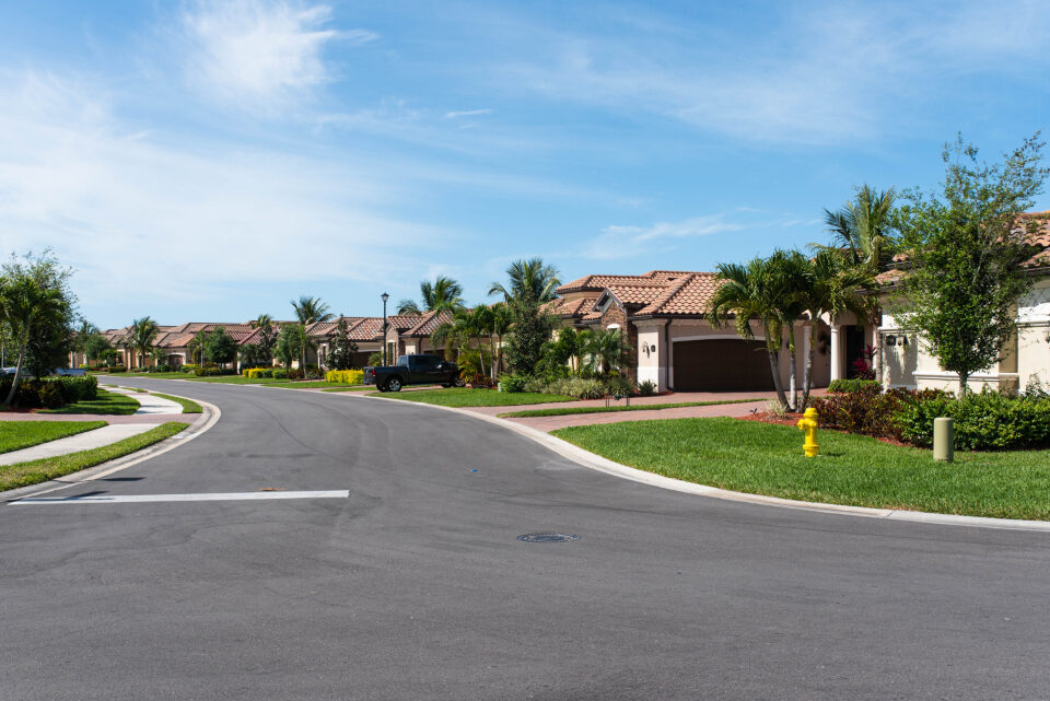 Curving suburban street with driveways, palm trees and single-family houses